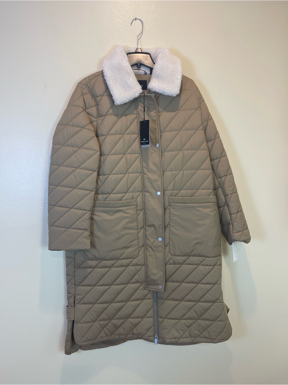 Andrew Marc Maxine Khaki Quilted Puffer Coat XL Longline Shearling Collar NWT